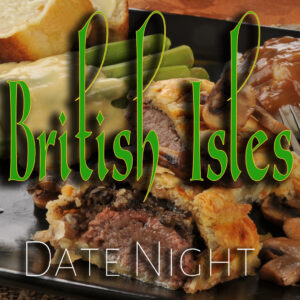 british isles date night graphic with beef wellington in the background